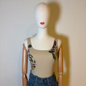 Fashion Elle Beige Floral Ribbed Tank Top - Size S